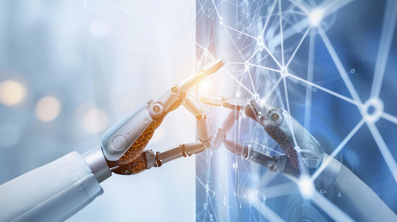 Futuristic human hand touching robot hand with digital graphic t